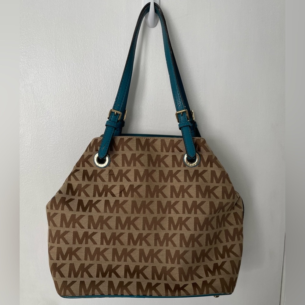Michael Kors Jet Set Item Grab Bag Jacquard MK Signature and Blue Tote Luggage‎